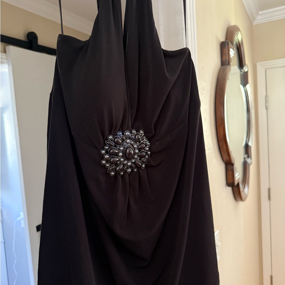 Cache Black Ruched Embellished Halter Tank Top